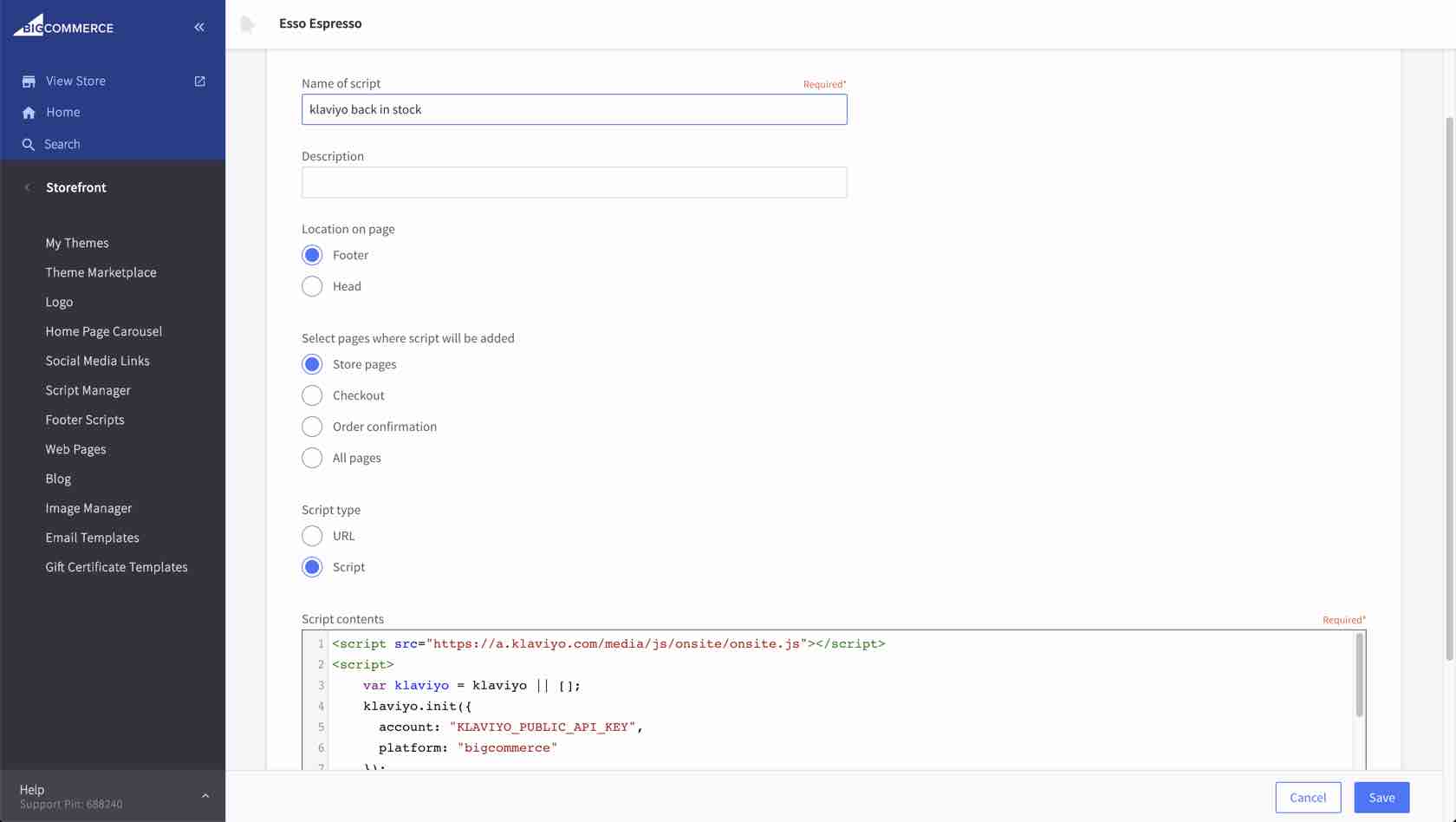 BigCommerce script manager page avec Klaviyo back in stock snippet in box