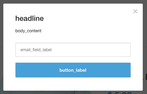 Modal popup de volta ao estoque com cabeçalho, body_content e button_label com fundo azul