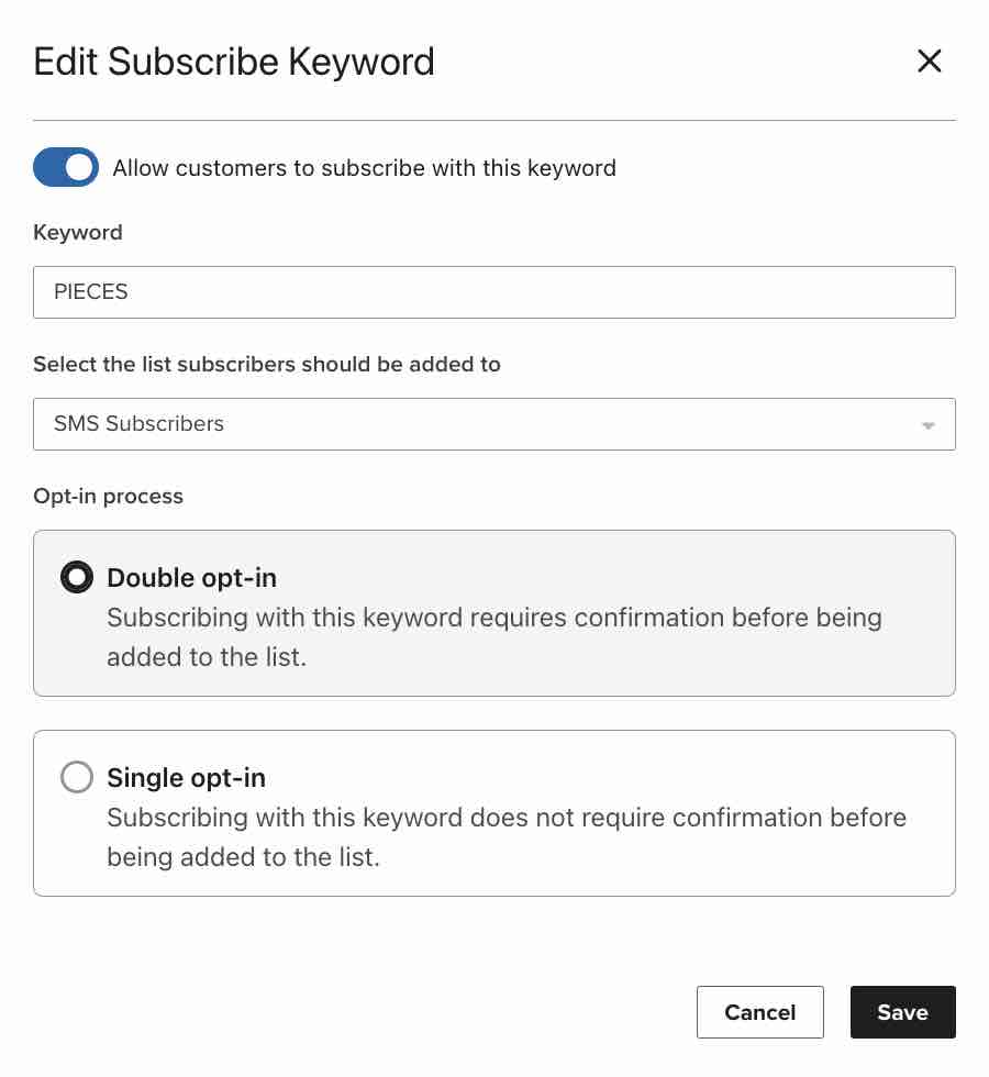 Edit Subscribe Keyword menu showing where you can edit an existing keyword's name, submit list, and opt-in process selection.