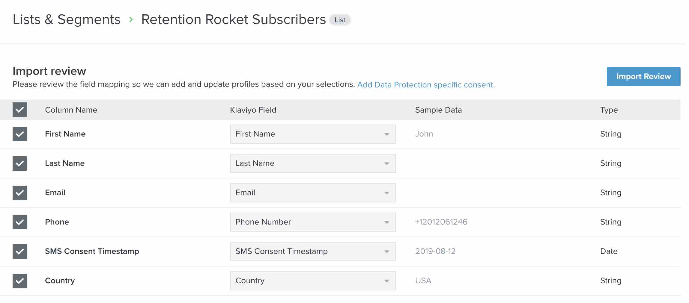 Import review page with fully mapped fields and import review in upper right