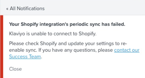 Notificación en Klaviyo de que la sincronización periódica de Shopify ha fallado