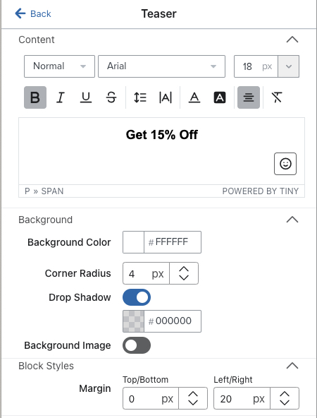 La sezione Contenuto, Sfondo e Stili di blocco per un esempio di form teaser nell'editor di form.