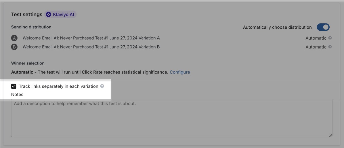 In a Klaviyo flow message with an active A/B test, the option to track links separately for each variation is turned on