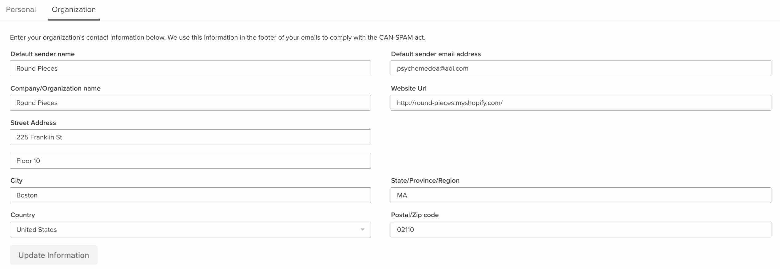 Organization contact information page, where the contact info link pulls from