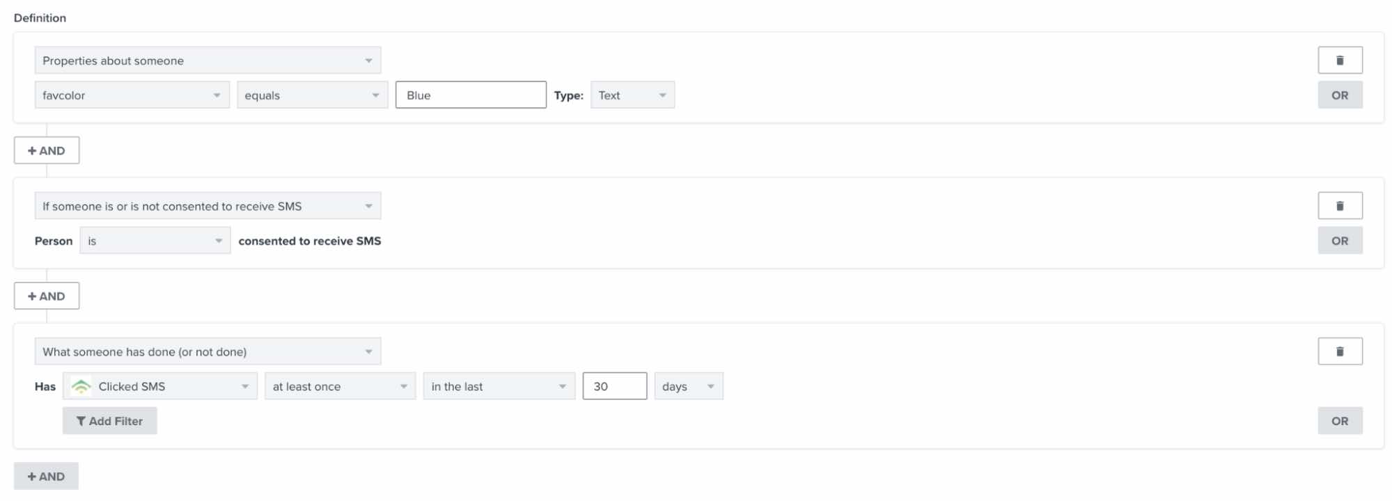 Example of segment using SMS engagement and profile properties to target your audience