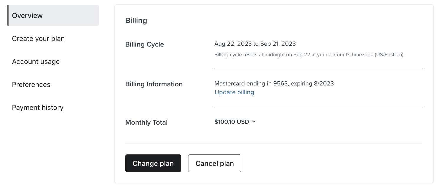 The top of the billing overview page