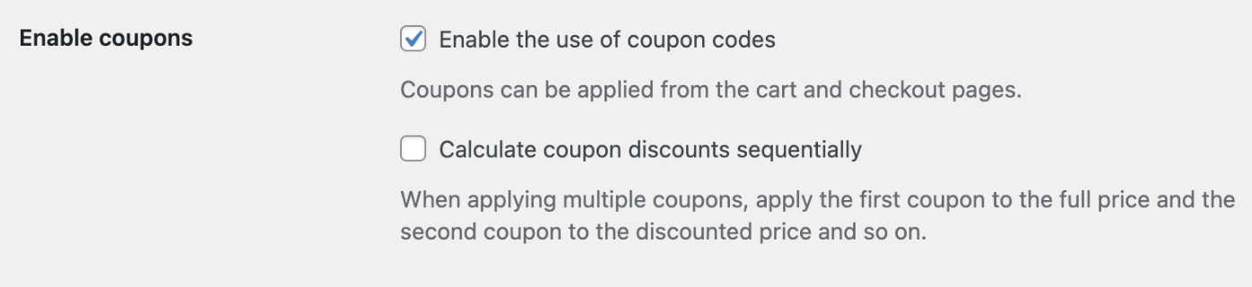 Le menu Enable Coupons dans WooCommerce montre la case cochée pour activer l'utilisation des codes de réduction.