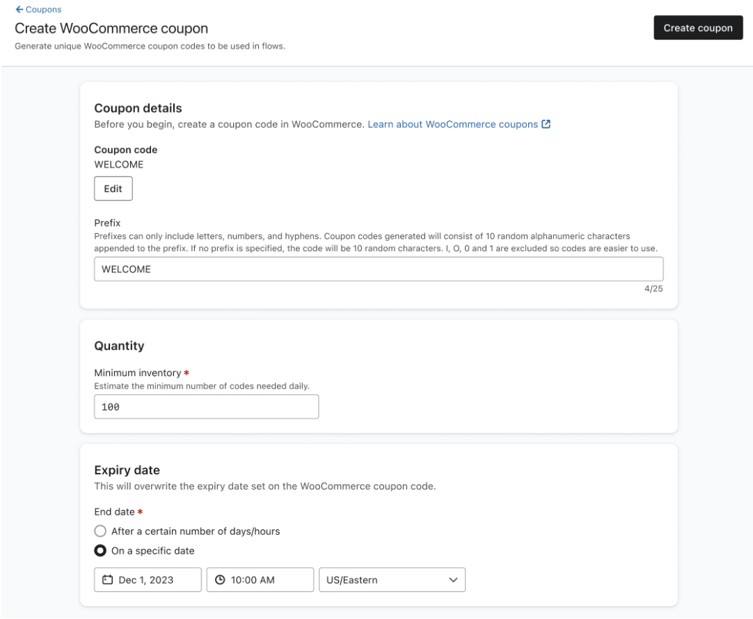 Le menu Créer un coupon WooCommerce dans lequel vous pouvez définir les propriétés du coupon telles que le préfixe, la quantité et la date d'expiration.