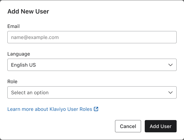 The Add new user modal where you can input the email address, a preferred language, and a role for a new user you're adding to a Klaviyo account.