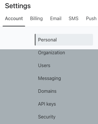 The Account settings page showing Personal selected from the left-side menu.