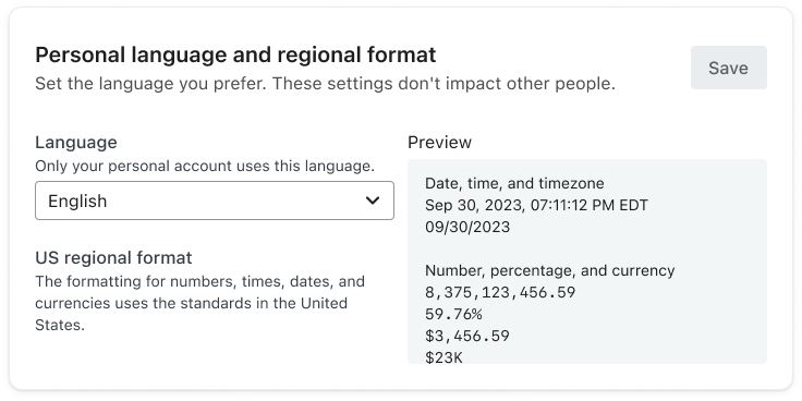 The Personal language and regional format section of the Personal settings page showing an example account's personal language set to English.