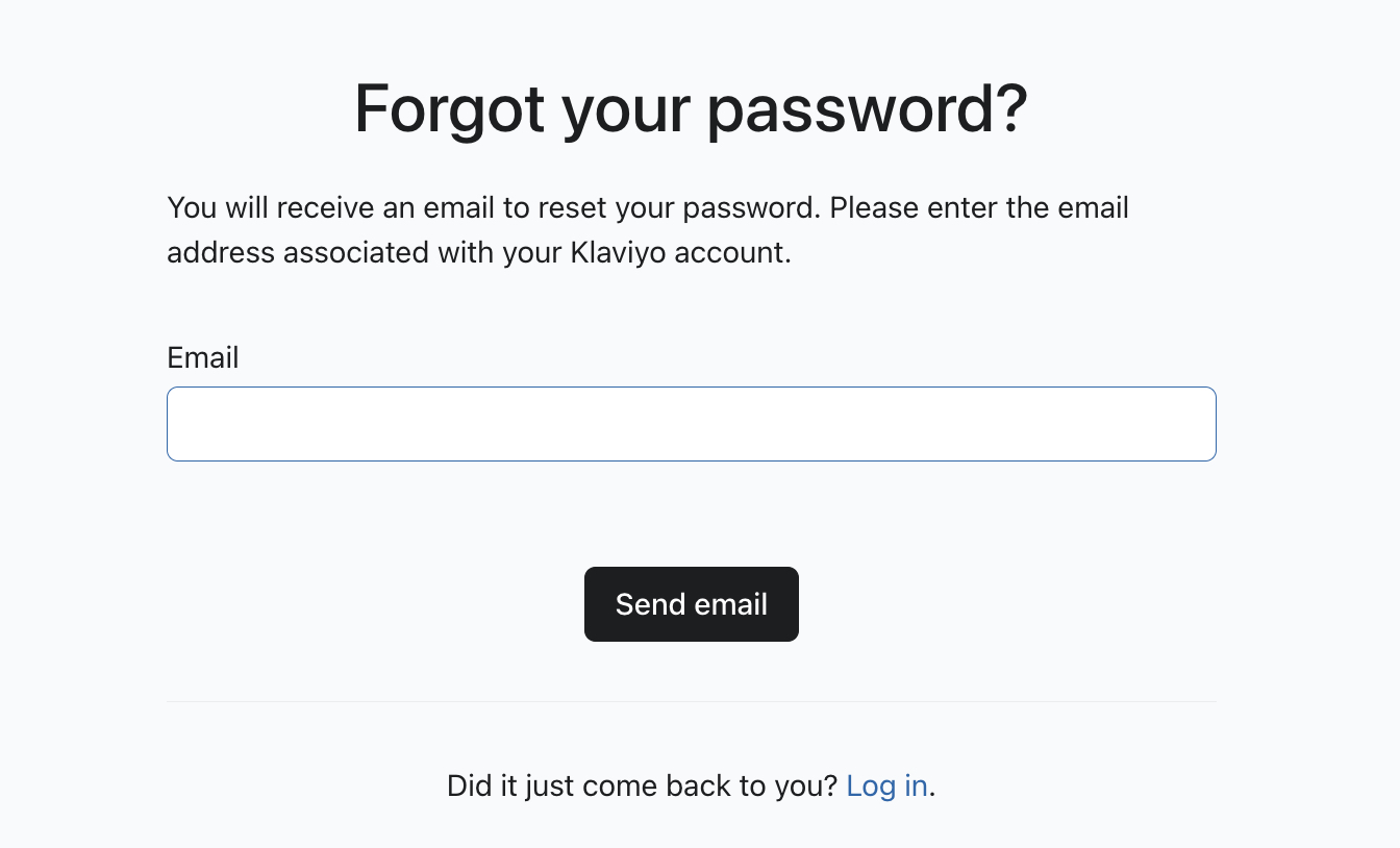 The Forgot your password modal showing where you can enter the email address associated with your account to send a password reset email.