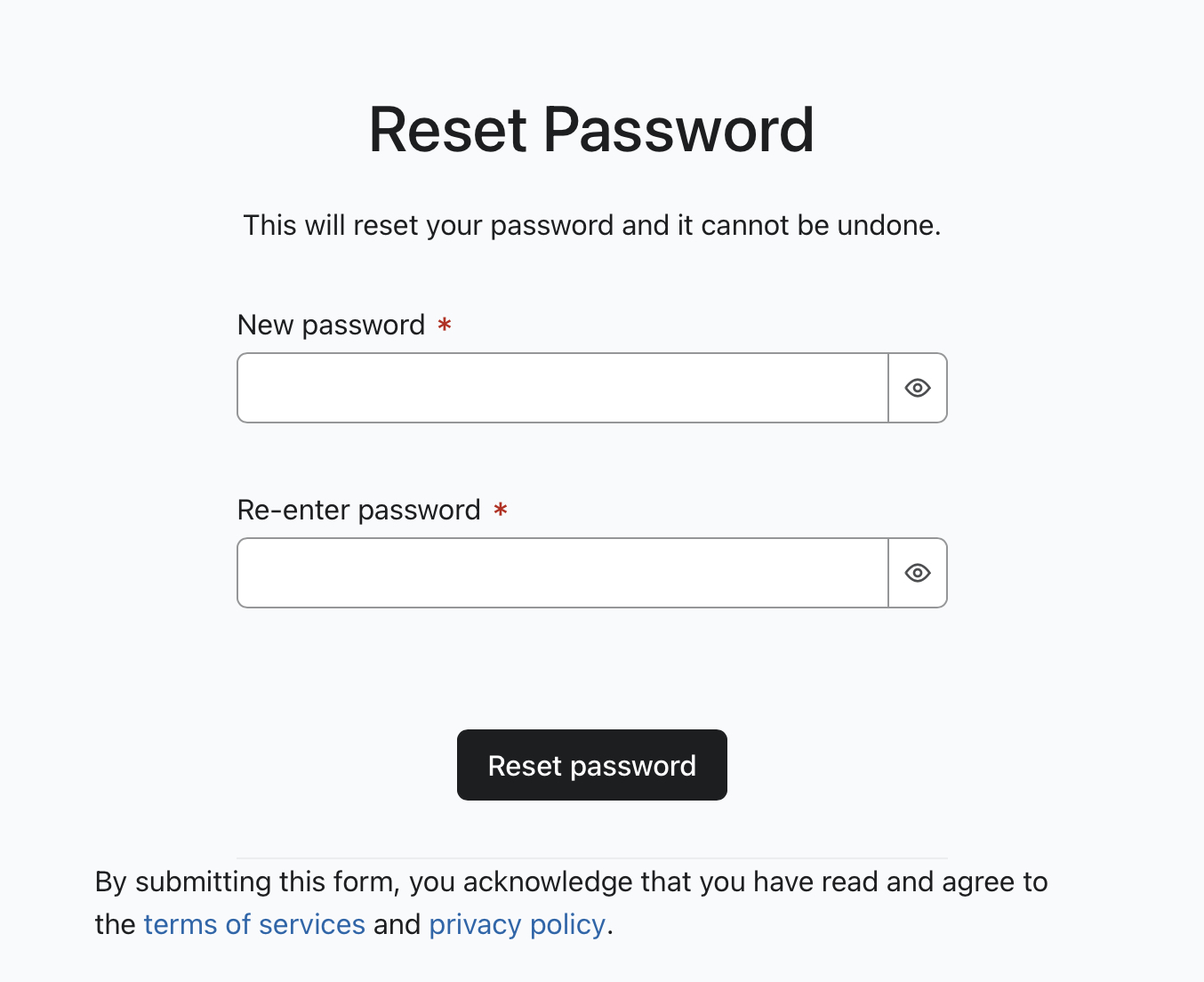 The Reset password modal where you can enter a new password for your account, then retype it, then save it.