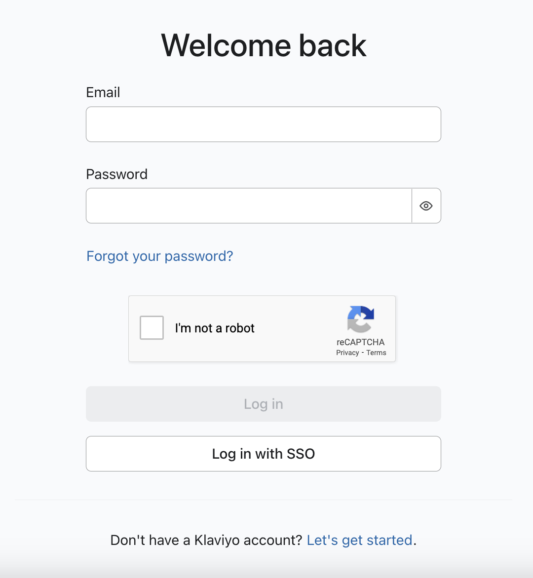 The Klaviyo login page where you enter your account's email and password.