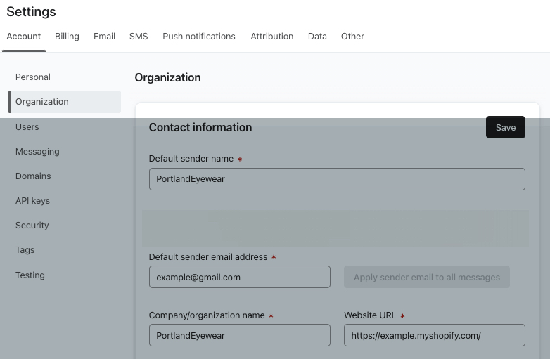 The Organization tab selected on the left-hand navigation of the Account settings page within Klaviyo.