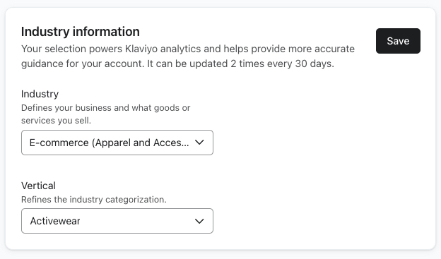 The Industry Information menu on the Organization settings page within Klaviyo showing where you can choose an Industry and Vertical for your account.