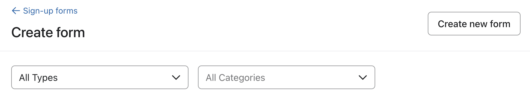 The Sign-up form library in Klaviyo showing two dropdowns for filtering the library by Types and Categories.