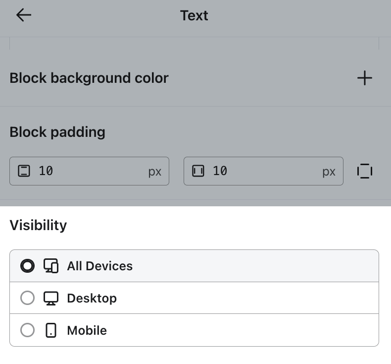 Menu d’édition d’un champ de texte avec le paramètre Visibilité configuré pour s’afficher sur tous les appareils.