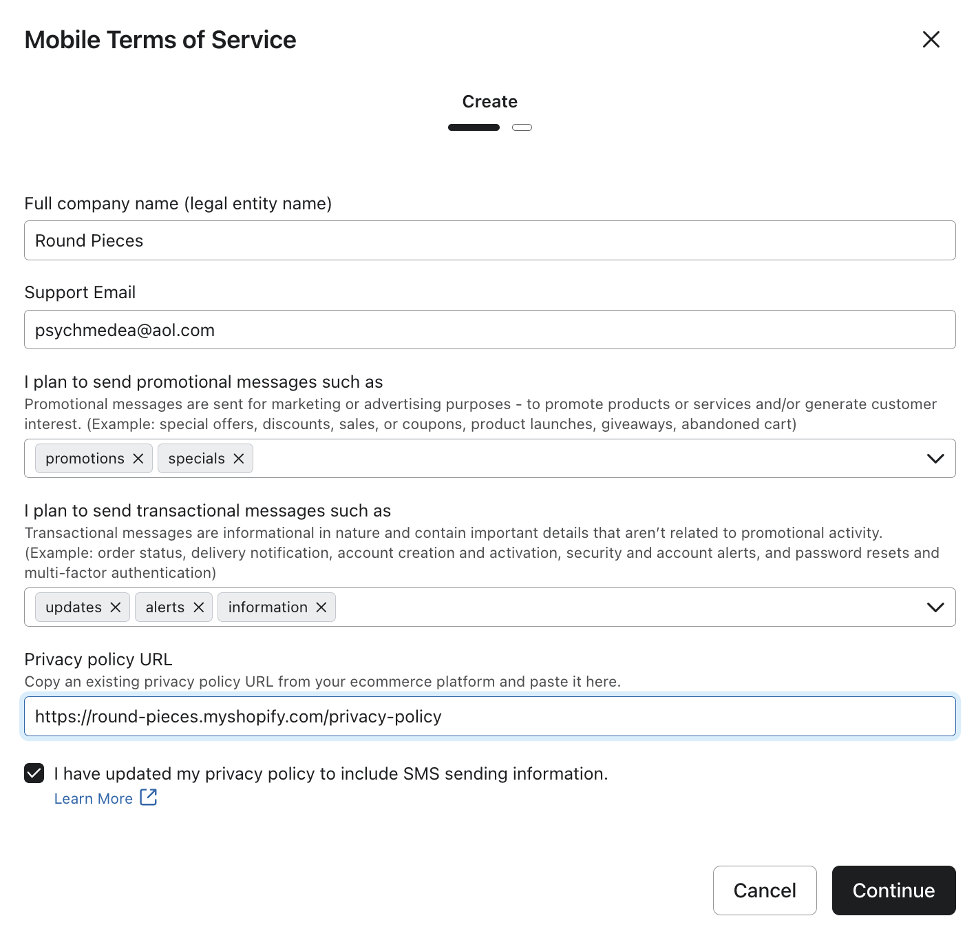 Mobile Terms of Service creation form with fields for company name, support email, message types, and privacy policy URL.