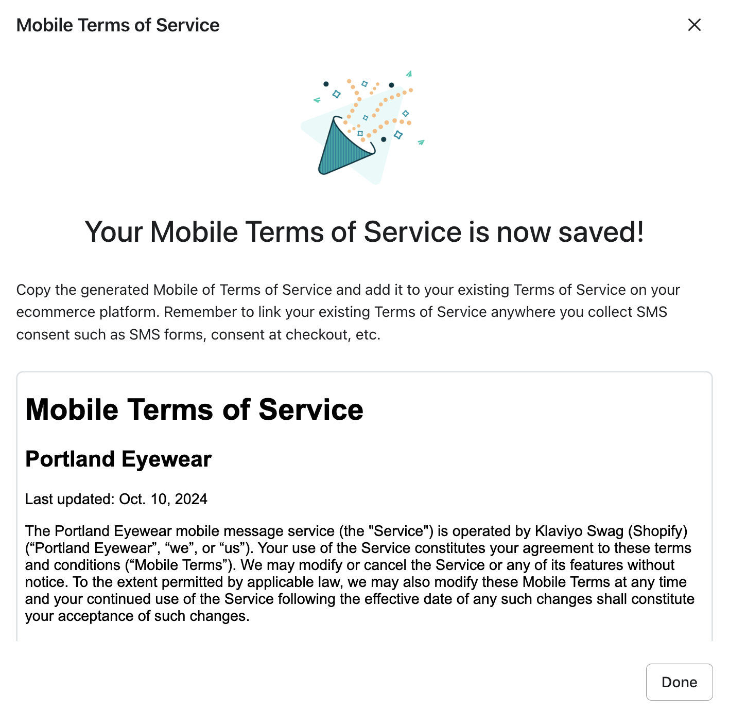 Confirmation modal for updated Terms of Service where you can copy the updated Mobile Terms of Service to add to your site.