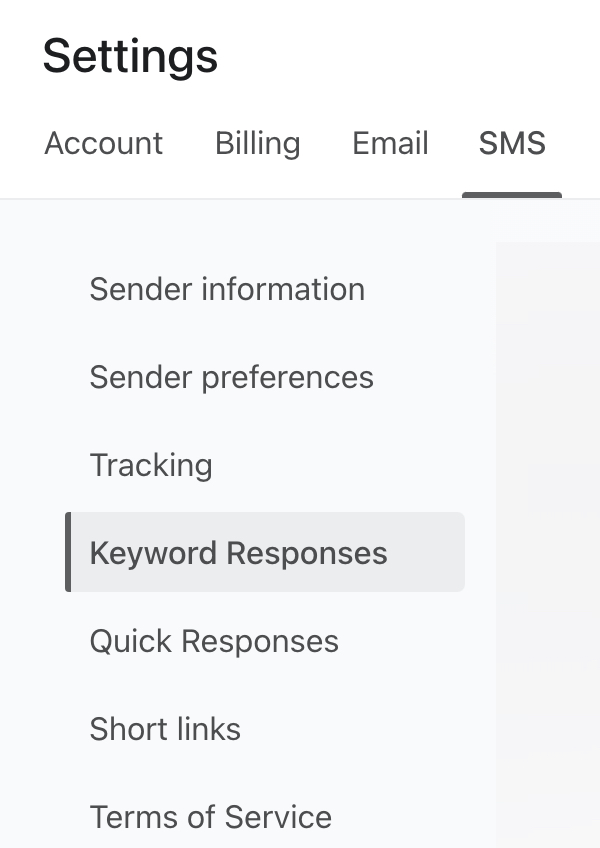 The Keyword Responses tab selected from the left side menu of the SMS setting page.