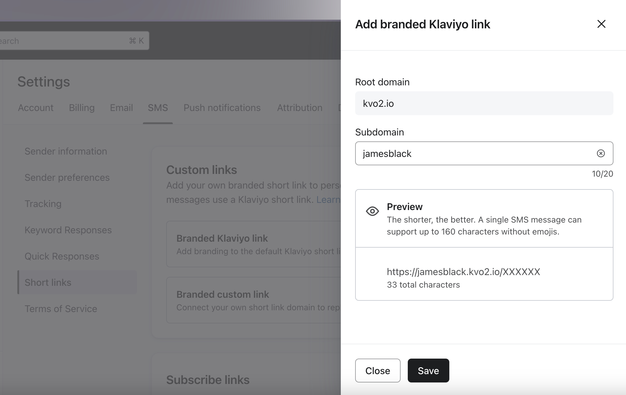 Settings interface for adding a Klaviyo branded link showing a modal with fields for root domain and subdomain.