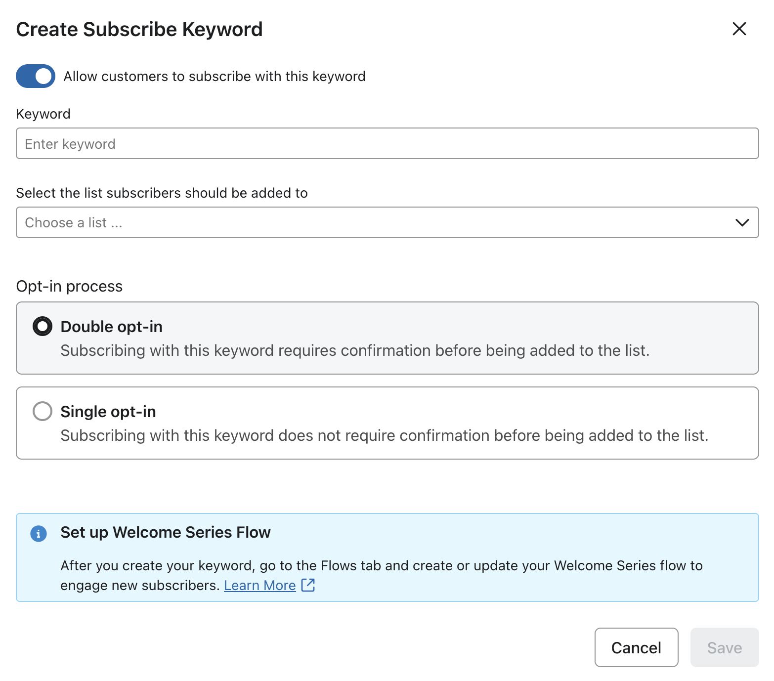 Create Subscribe Keyword modal showing text boxes where you can add a name, list, and choose double or single opt-in.