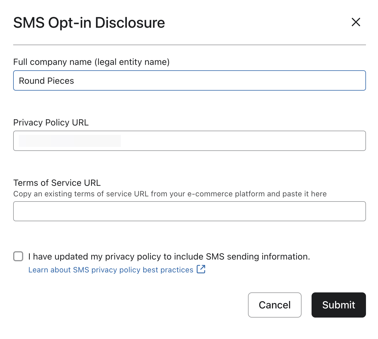 SMS Opt-in Disclosure modal where you can add full empresa name, Política de privacidad URL, and Terms of Service URL.