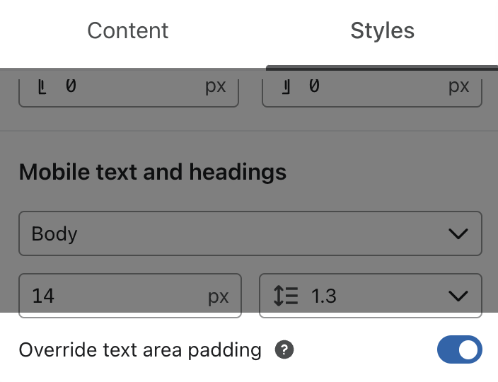 The Override text area padding toggle