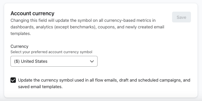 The Account currency tile on the Organization settings page.