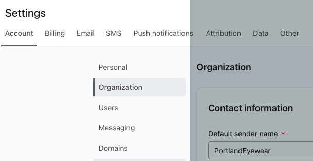 The Account settings page showing Organization being selected from the left-hand side menu.