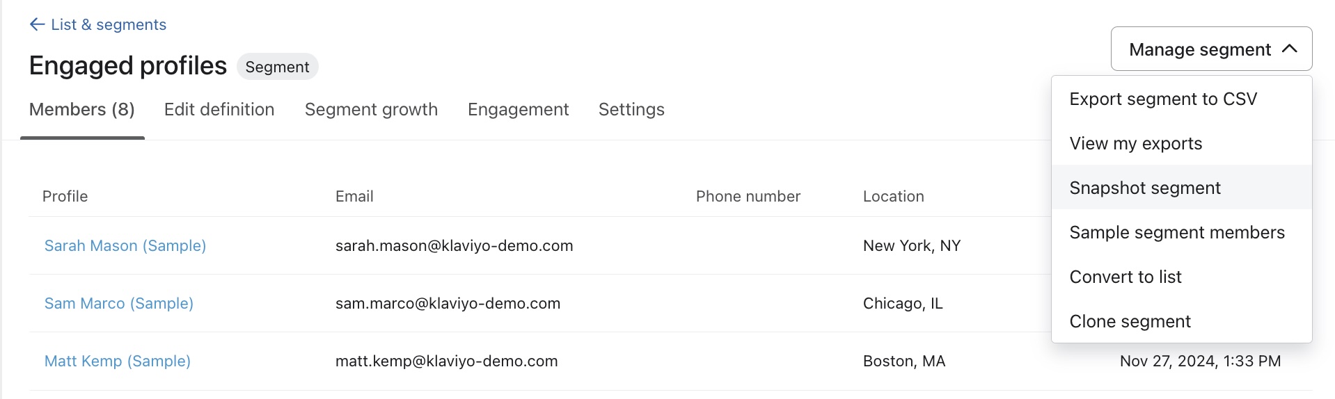 Snapshot segment option in manage segment menu