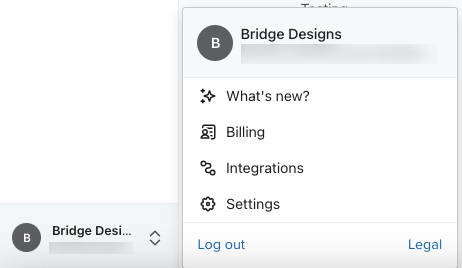 The account settings menu open, which appears when you click on your organization name in Klaviyo, for the example company Bridge Designs.