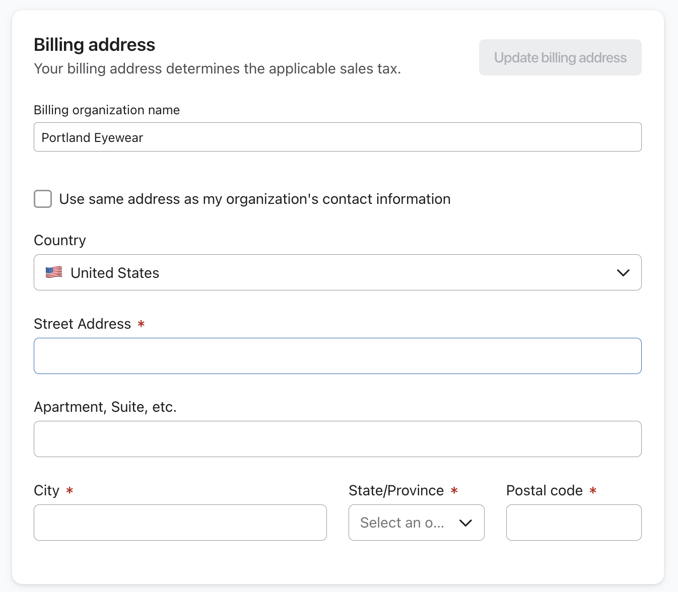 The Billing address card on the Billing Preferences page showing an example account's address details.