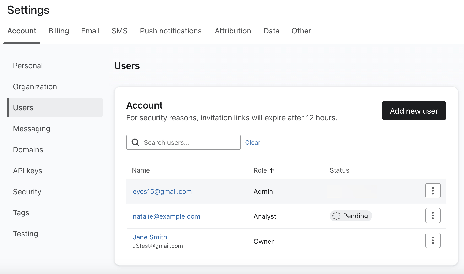 The Users settings page showing all current users in an example account.