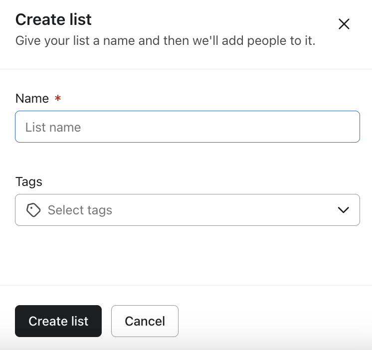 The Create list modal where you can name and add tags to a new list when you create it.