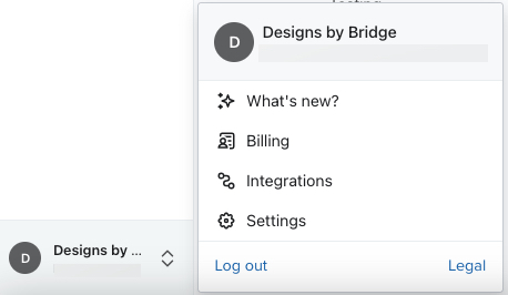 The account settings menu open showing the organization name changed to Designs by Bridge.