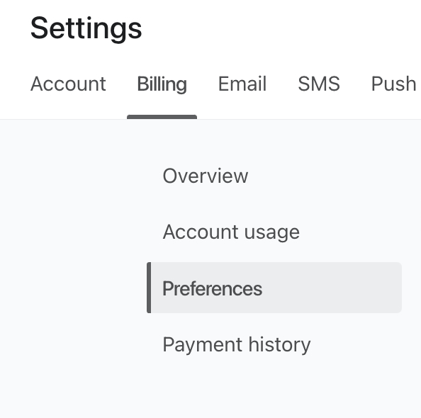 The Billing Settings page showing the Preferences tab being selected from the side menu.