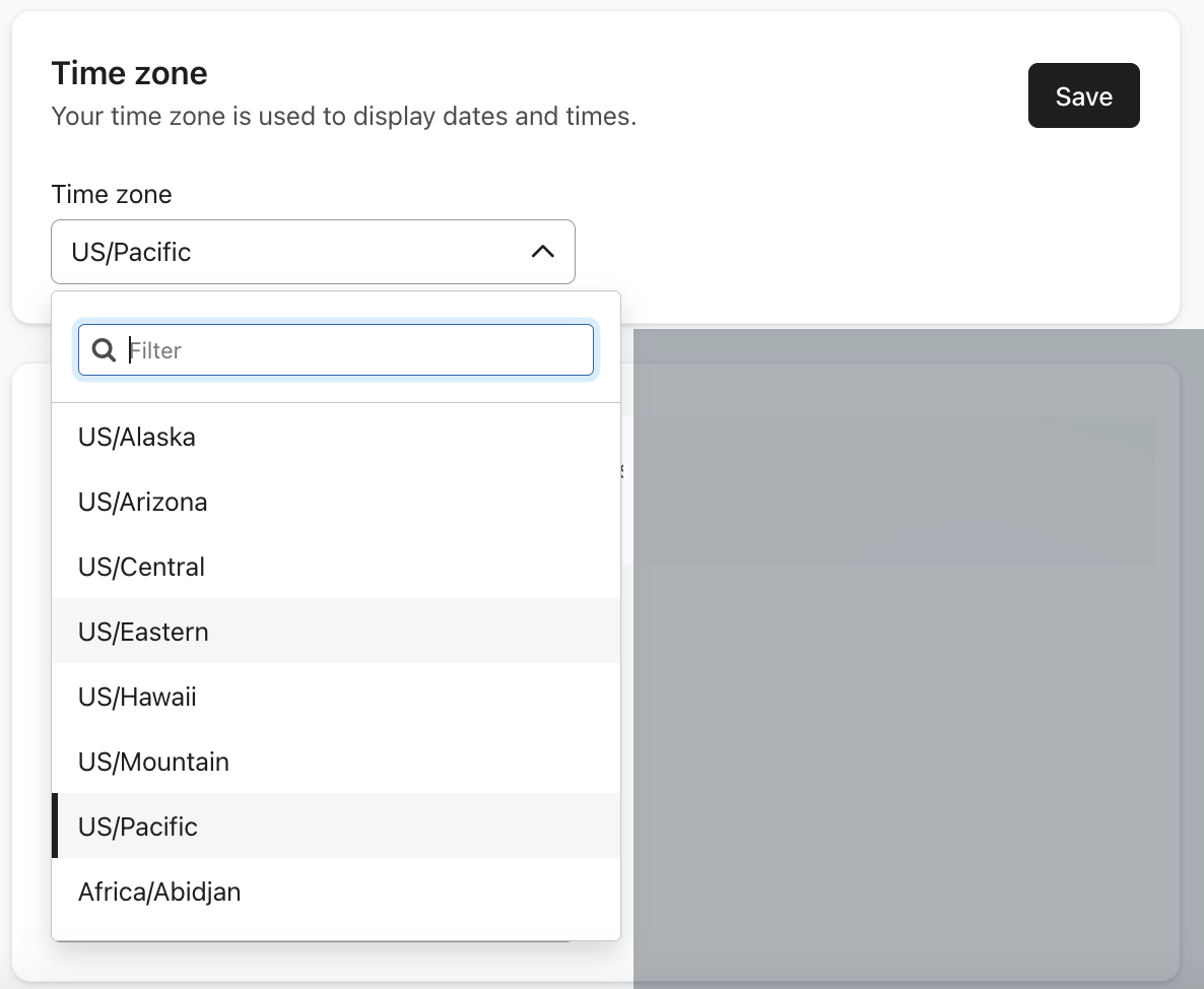 The Time zone menu on the Organization settings page with the timezone dropdown open showing the list of options to choose from.