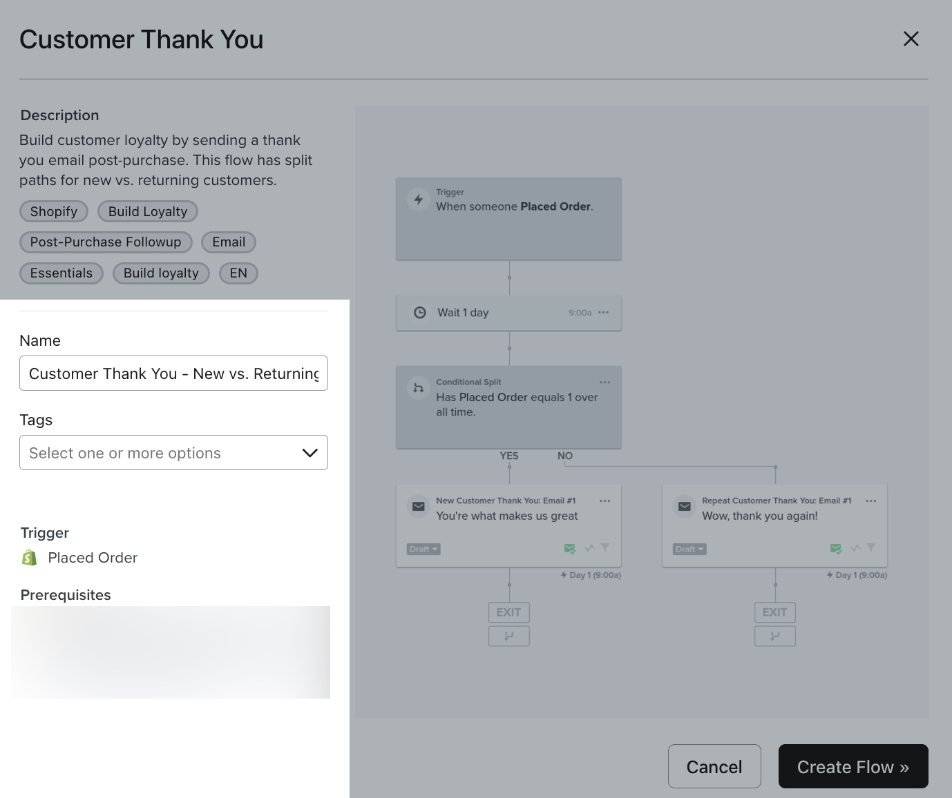 The creation modal that appears when you choose a template from the flow library where you can name and add tags to the new flow.