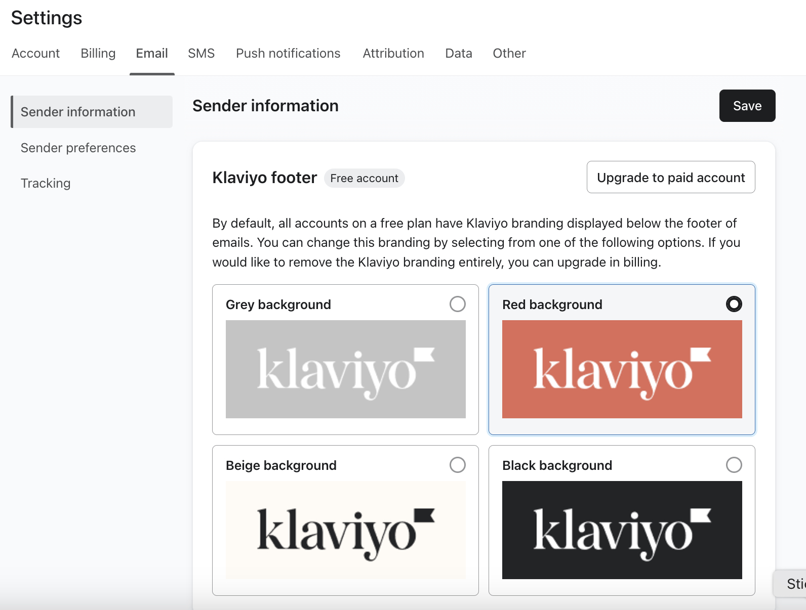 The Sender Information menu on the Email settings page showing the 4 different default branding options of the Klaviyo logo.