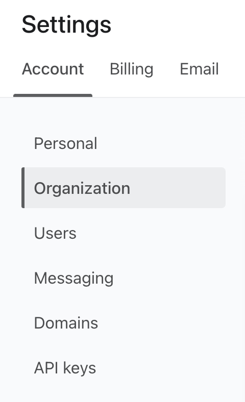 A guia Organization foi selecionada no menu de navegação lateral da página Account settings (Configurações da conta).