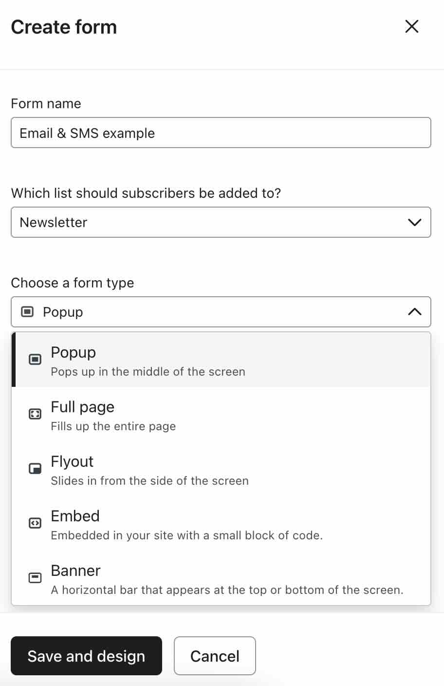 Form creation modal showing the form type dropdown