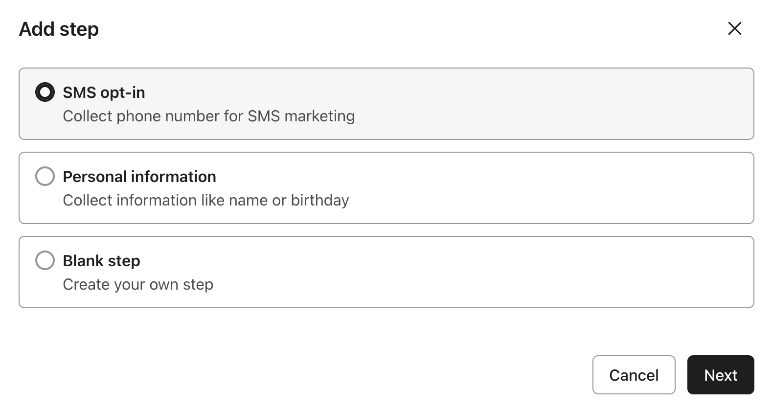 Modal where showing the option to add a step to collect SMS consent