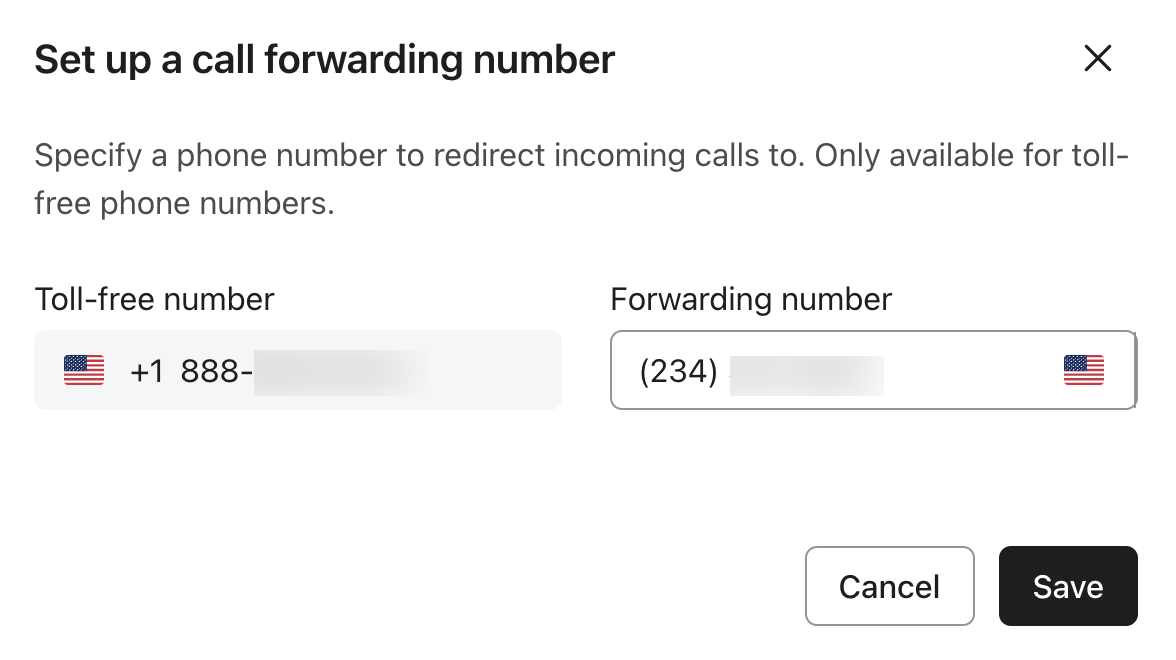 Modal to forward your toll-free number to another phone number