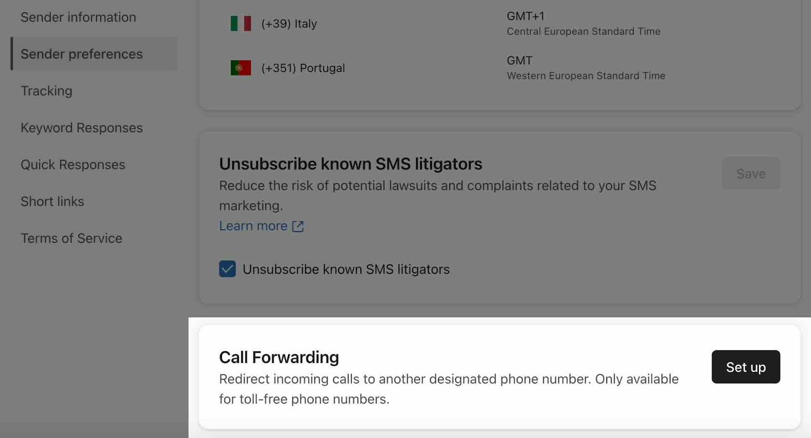 Call forwarding section when call forwarding is not set up