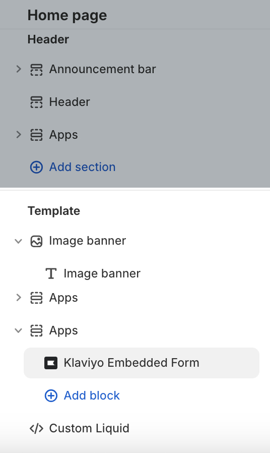 A Shopify store's hope page open in the theme editor and showing a Klaviyo Embedded Form app in the Template section.