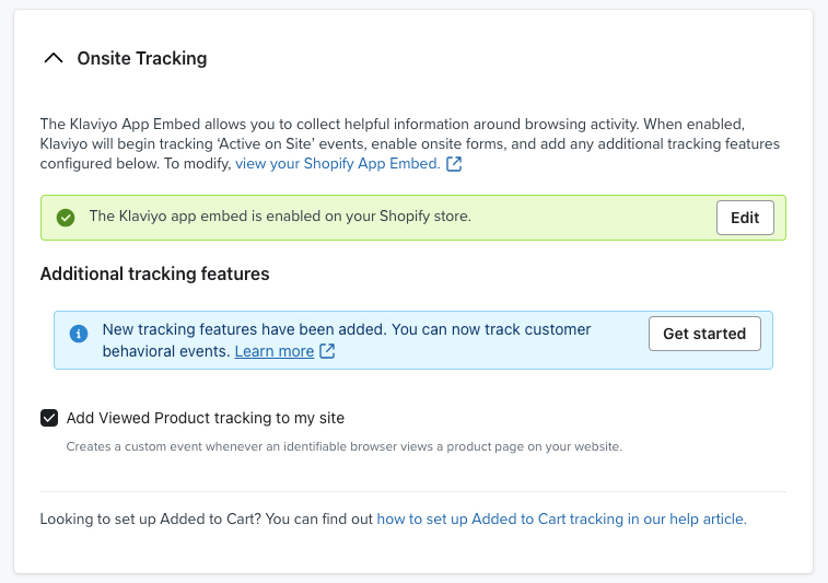 The Onsite tracking section of an example account's Shopify Integrations settings page showing a green banner stating that the app embed is enabled.