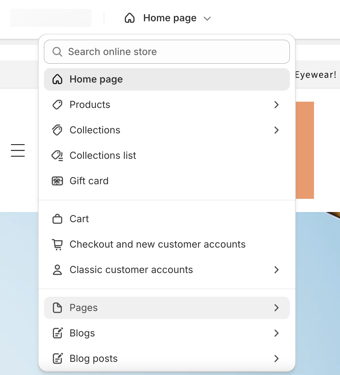 A Shopify store admin showing the page templates dropdown open at the top and Home page selected to edit in the theme editor.