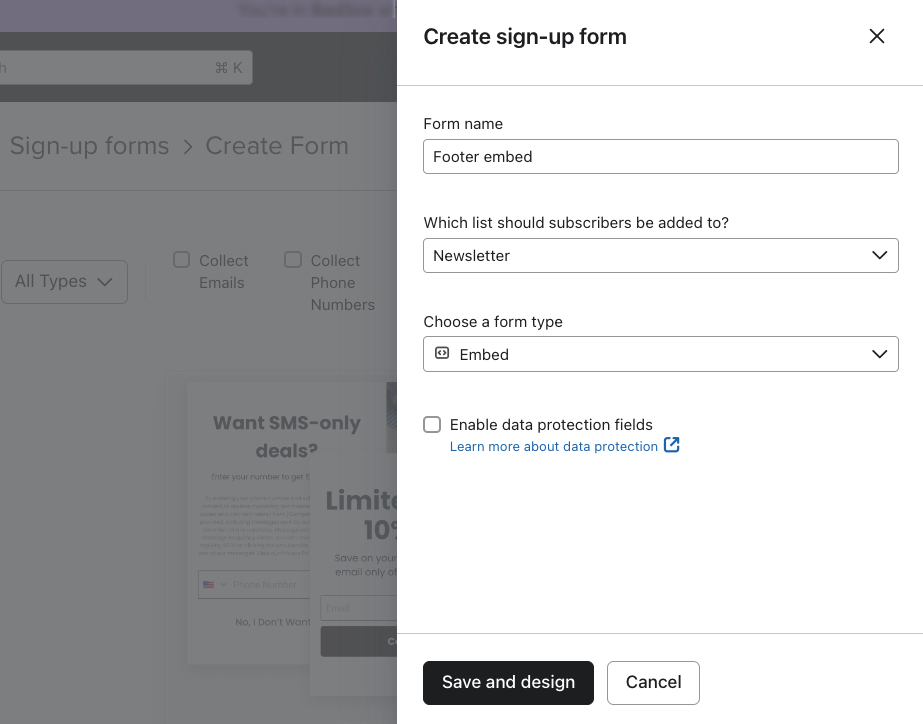 The Create sign-up form modal showing an example form being created with Embed seleected as the form type.